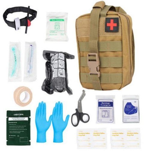 Kit pochette tactique de traumatologie avec pansement thoracique, kaki, 13 types d'articles