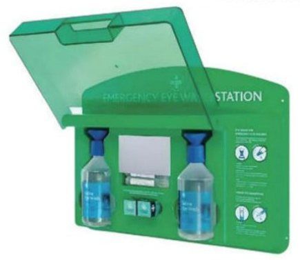 Station de rinçage oculaire au sérum physiologique avec capot, 2 × 500 ml